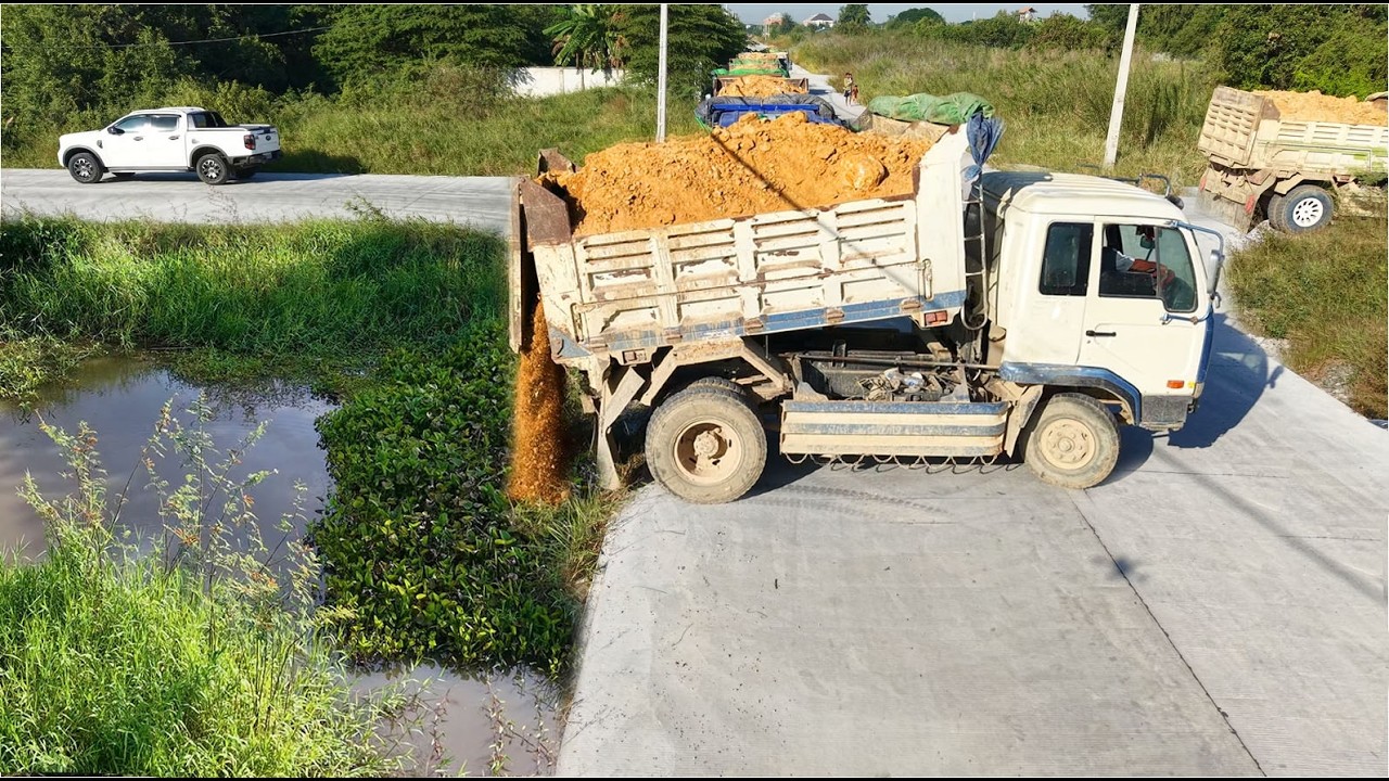 Perfectly Started New Project! Dump Truck Filling Land Area Develop By Skill Dozer D21 Pushing Soil