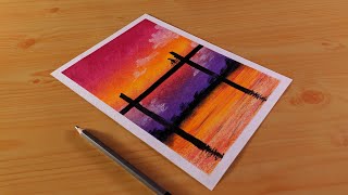 Wooden Bridge & River Sunset Scenery - Oil Pastels Drawing for beginners - Art Artistry