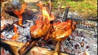 Whole Chicken Roasted Over Open Fire Traditional Campfire Cooking