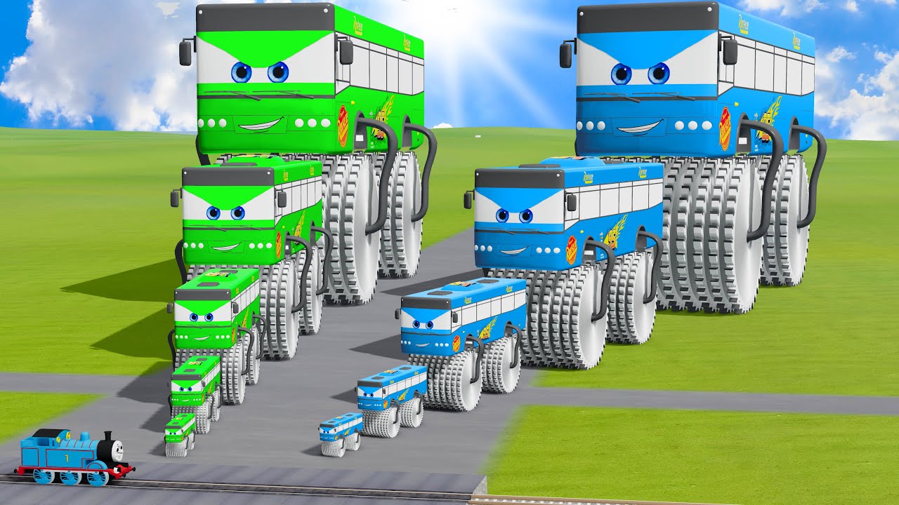 Big & Small Colors Buses Lightning Mcqueen Double Monster Saw Wheels vs Trains | BeamNG.drive
