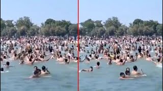 İstanbul'un göbeğindeki plajda ilginç anlar! Suriyeliler 'Allahu Ekber' diye bağırıp denizde eğlendi