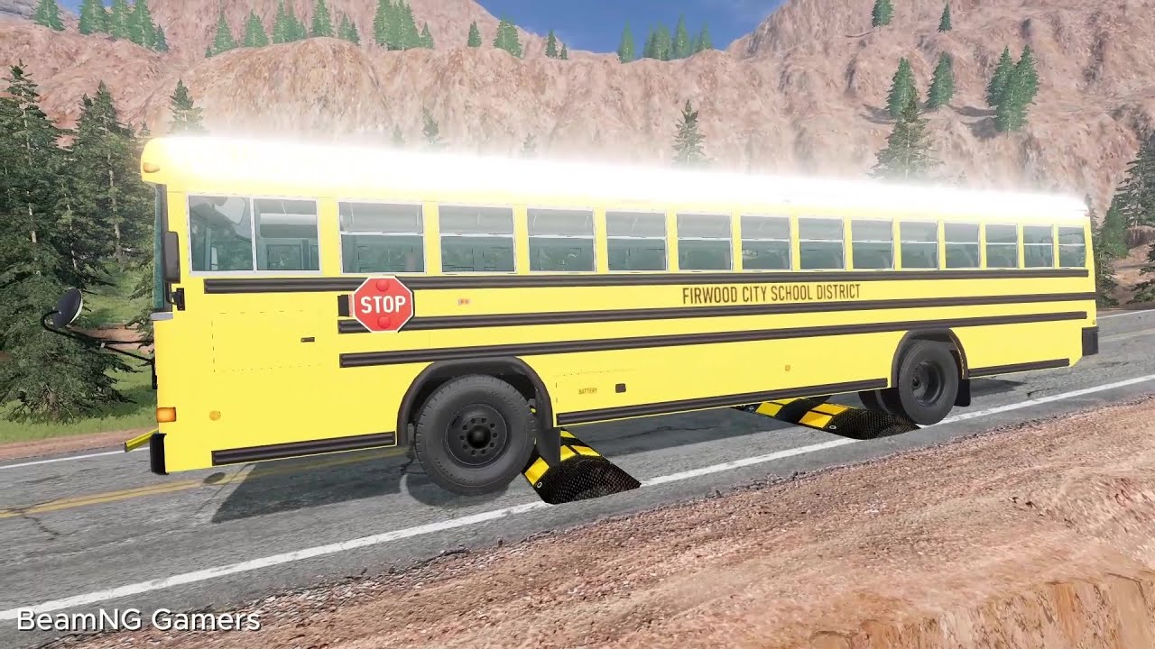 SCHOOL BUS, LONG BUS, TRUCKS Vs MASSIVE SPEED BUMPS - BeamNG.Drive
