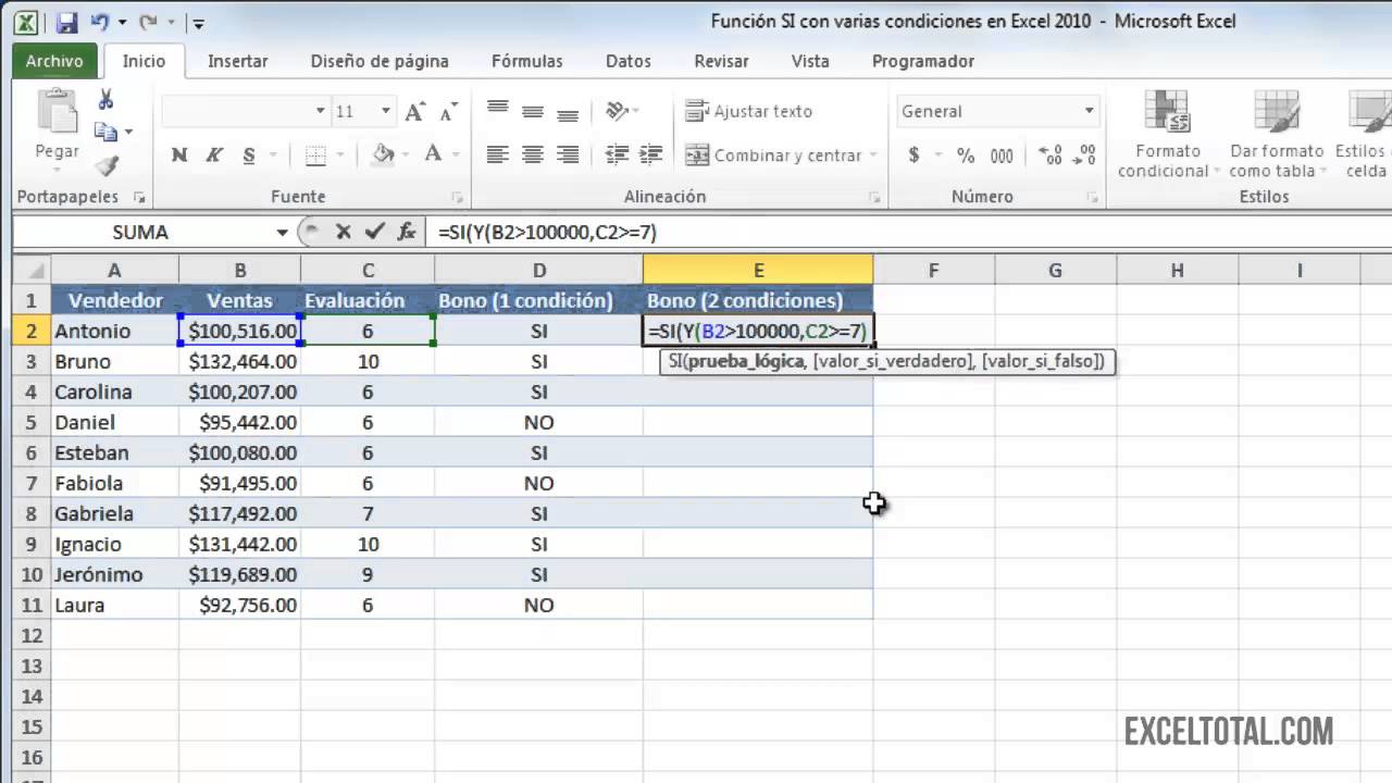 Función SI con varias condiciones en Excel 2010 - YouTube