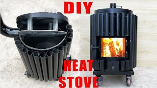 DIY heating stove from cast iron batteries!I welded the heat exchanger straight up, it works fine