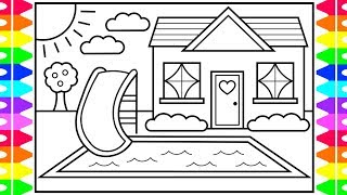 How to Draw a Fun House with a Pool for Kids 💜💚💙💛Fun House