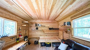 Homemade Cedar Plank Ceiling Install. Tiny Cabin Nearly Done!  ep144
