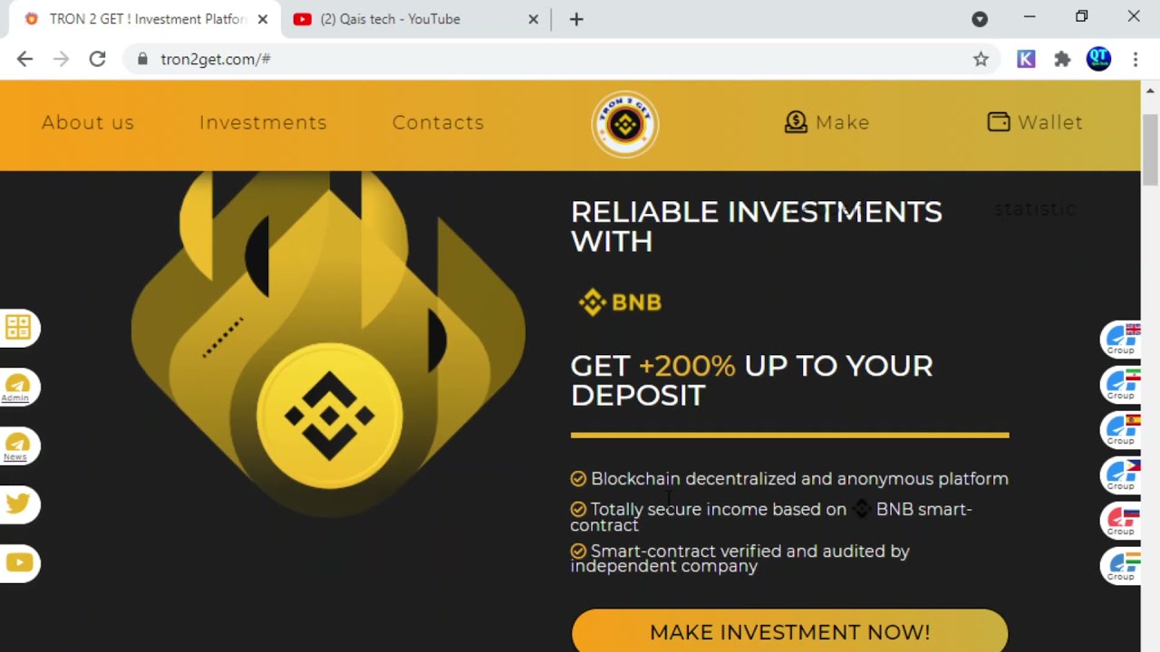 TRON2GET.COM | NEW VERSION 2.0 BNB NETWORK | Earn +200% up to your deposit legit blockchain platform