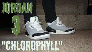 jordan retro 3 chlorophyll on feet