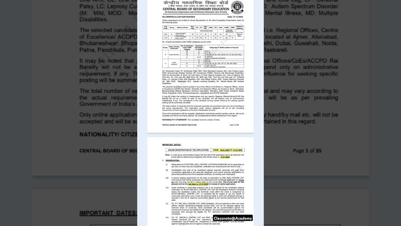 @CBSE recruitment 212 Junior Assistant and Superintendent Notification 2025 