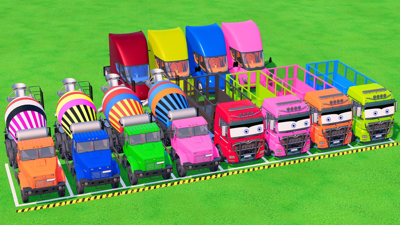 Trucks With COLORS - TRANSPORTING MIXER TRUCK and TRUCK with FLATBED TRAILER TRUCK #15