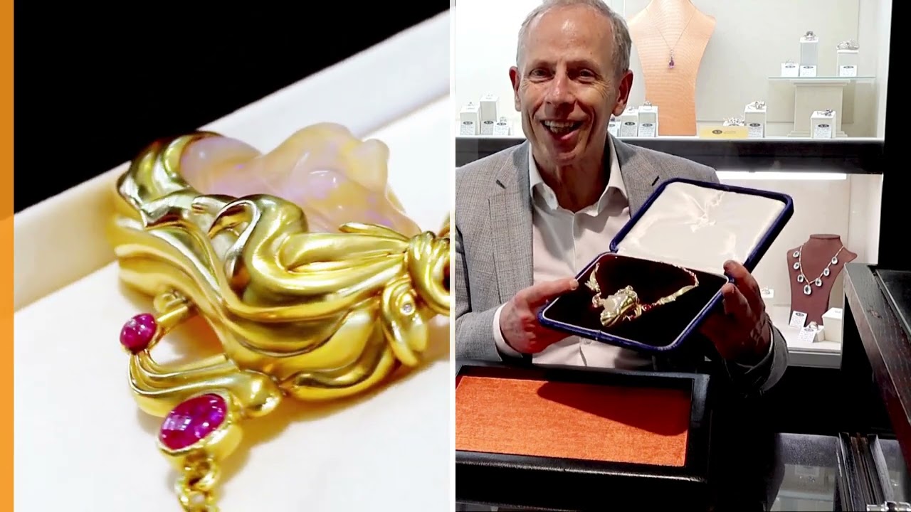 Carved Opal, 4.80ct Ruby and Diamond, 18ct Yellow Gold Necklace - Vintage