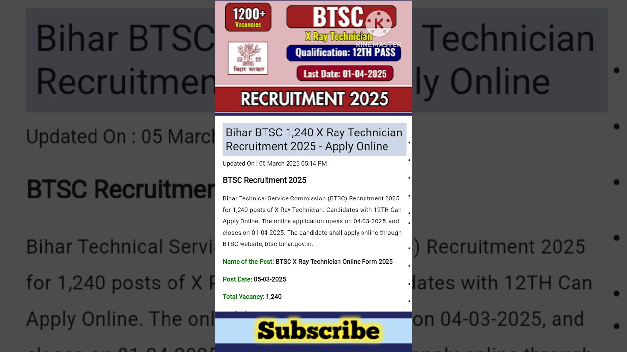 BTSC X Ray Technician Recruitment 2025 