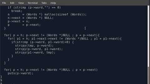 C Program with Linked List to sort words Alphabetically.