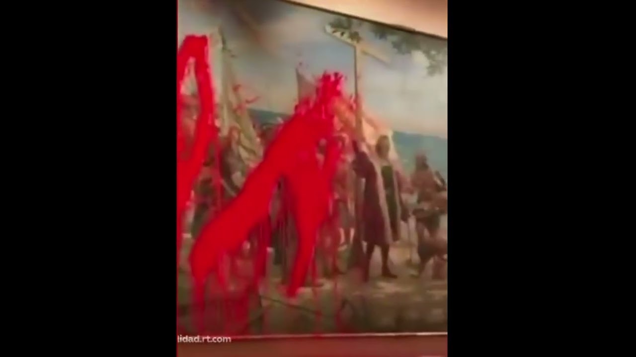 Two Members of Futuro Vegetal Splashed Red Paint onto the Artwork "First Bow to Columbus" Painting