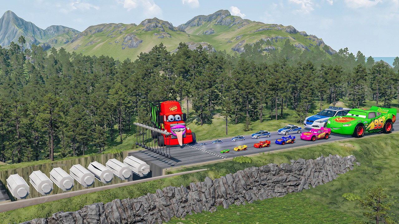 Big & Small McQueen & Police Car vs Zombie Mack, Giant Pit & Grinder  Downhill Race – BeamNG.drive