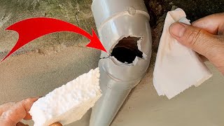 Patch The Plastic Pipe With Foam And Toilet Paper With Plumbing Tools