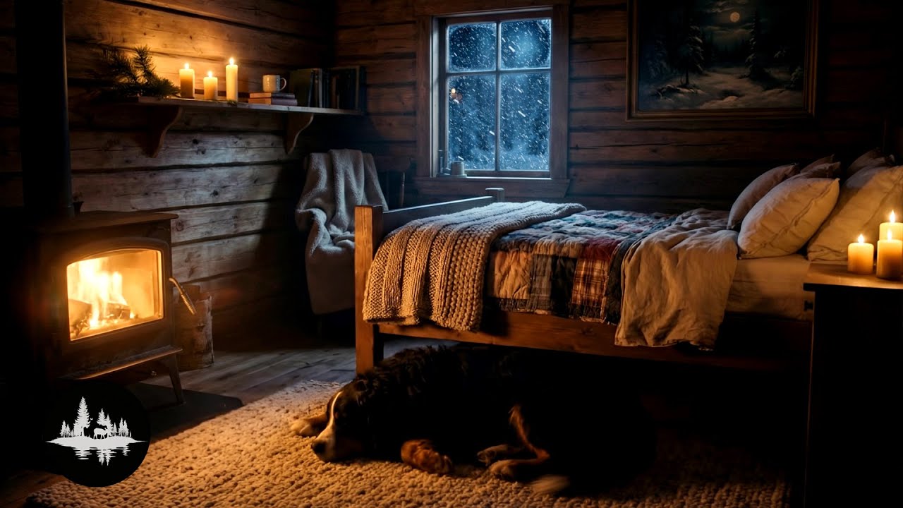 Cozy Winter Cabin Ambience with Crackling Fireplace & Howling Wind Sounds | Deep Sleep & Focus