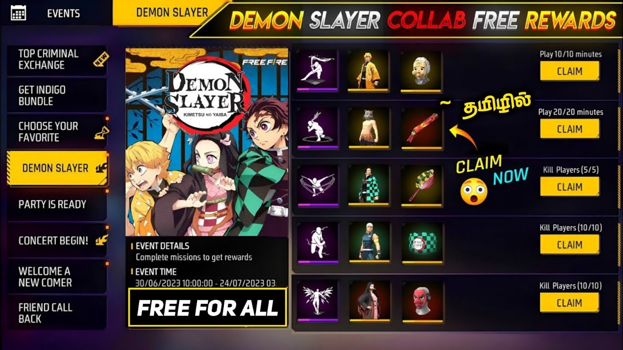 Free Fire Demon Slayer Collaboration Event  How To Claim Demon Slayer  Rewards FF Demon Slayer 2023 