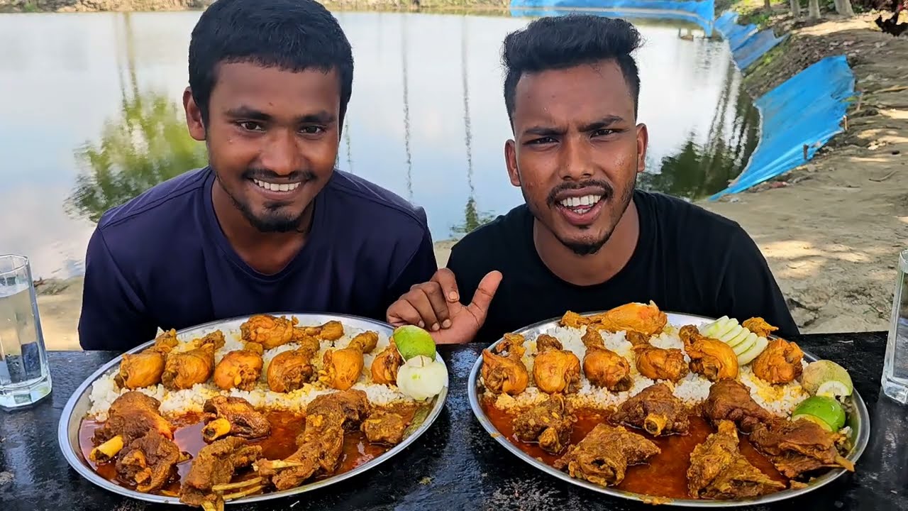 spicy nutton curry and chicken leg curry with rice eating challenge video, indiam food eating