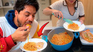 QUICK RECIPE: PASTA WITH SHRIMP IN RED SAUCE AND GARLIC ROASTED SALMON 😋