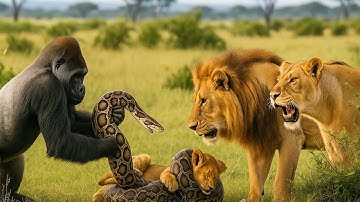 Gorilla Bravely Saves Lion Cub from Giant Python — Then the Lion Pride Did Something Shocking!