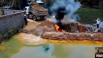 Dump Truck 5 Ton Unloading Stone Pour into deep Pond​, Powerful Bulldozer KOMATSU D21P