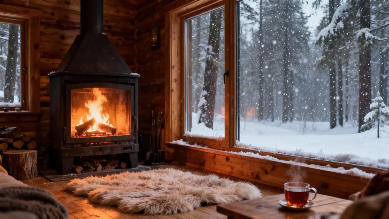 Cozy Winter Cabin Ambience ️ Fireplace & Falling Snow for Deep Sleep ...