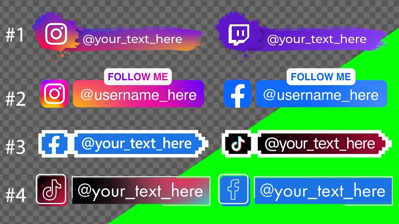 Social Media Lower Thirds with your text | green screen, transparent | 4 styles