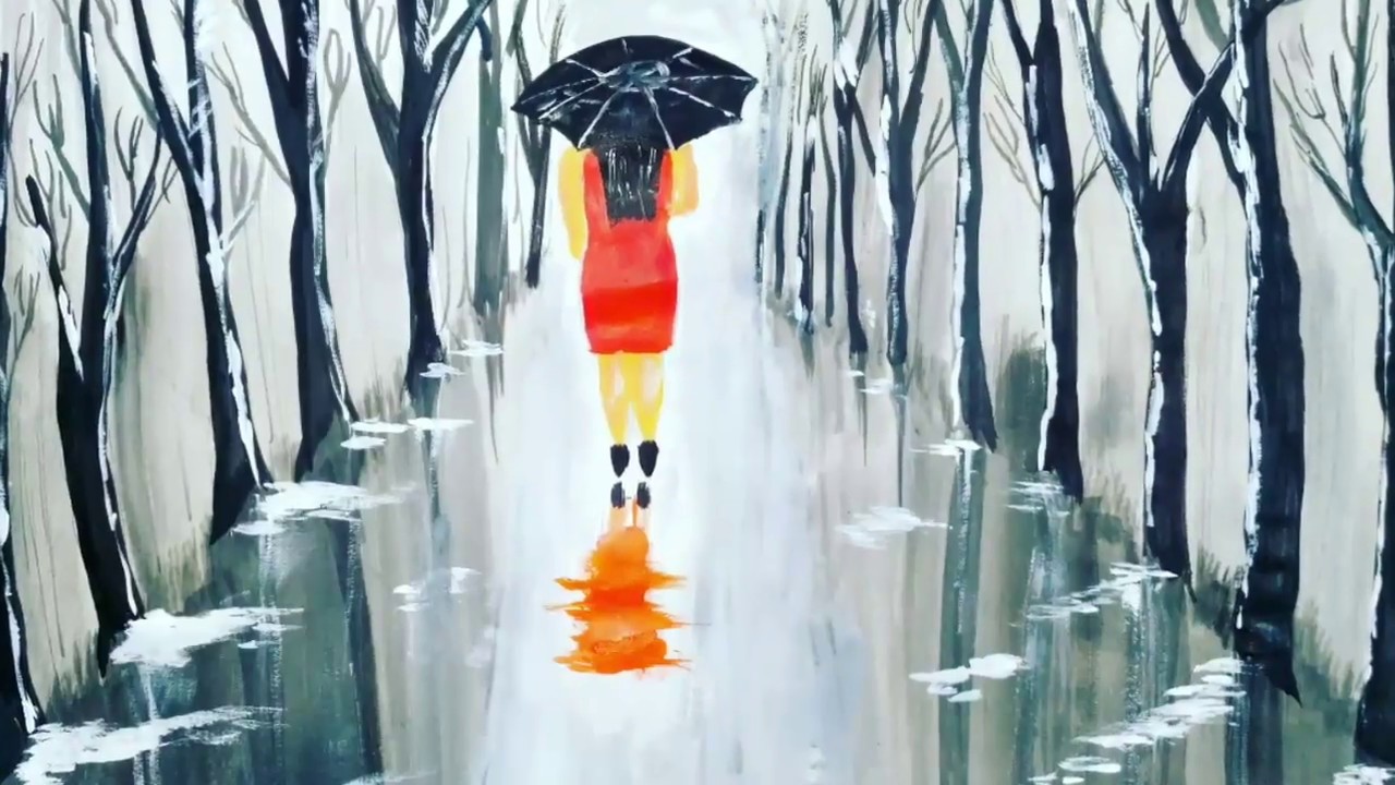 Beautiful Painting Walking Girl In Rain With Umbrella