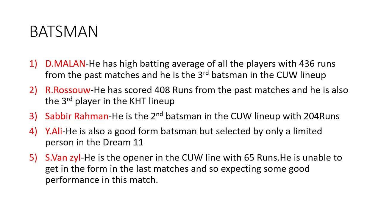 DREAM 11 CUW Vs KHT/100% WIN/DETAIL PLAYER REVIEW/