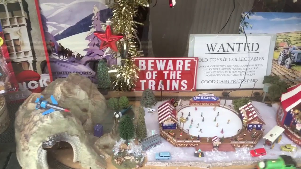 Vintage toy shop Christmas window - Leek, Staffordshire UK