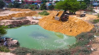 Nice Skills Processing On Landfill By KOMATSU Dozer Pushing Dirt With Dump Truck To Complete Ponds