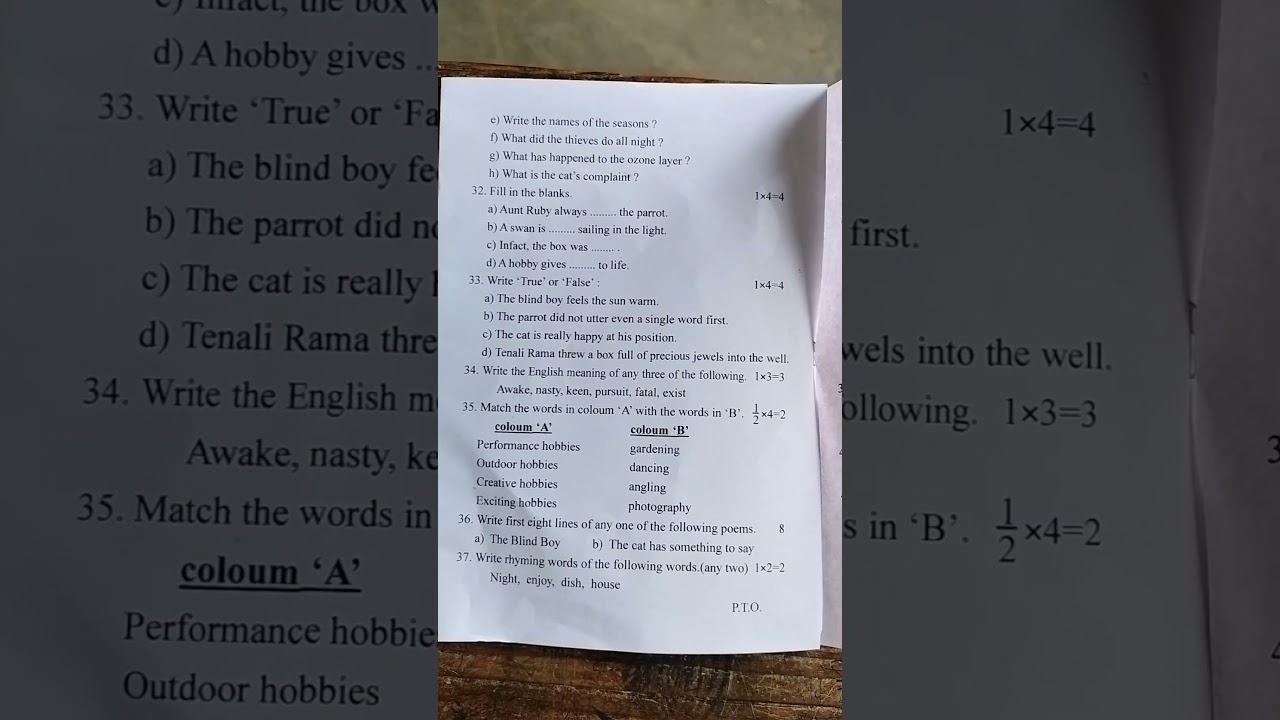 Class 4 English question paper 2024-2025