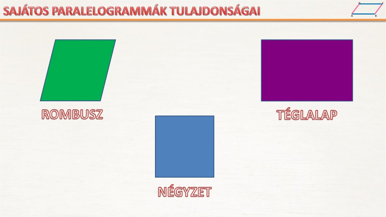 SAJÁTOS PARALELOGRAMMÁK (ROMBUSZ, TÉGLALAP, NÉGYZET) TULAJDONSÁGAI