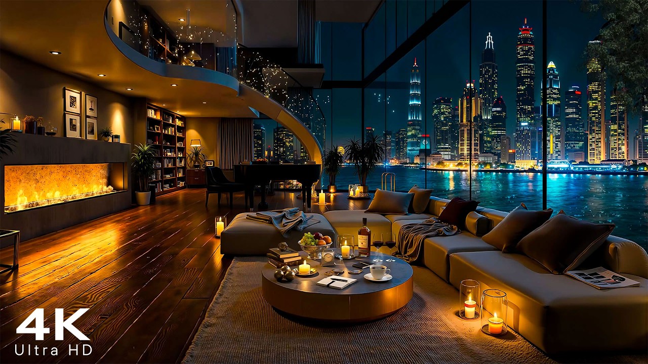 4K Luxury Apartment with Smooth Jazz Piano Music ~ Tranquil Night Skyline for Relax, Focus