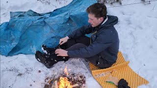 Solo winter tarp camping in deep snow  Had to abort!