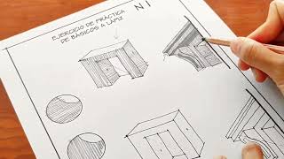 Práctica nivel principiante de croquis arquitectónico, ejercicios básicos a lápiz; volumen y cornisa