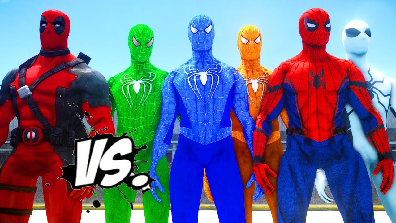 DEADPOOL VS SPIDER-MAN, GREEN SPIDERMAN, ORANGE SPIDERMAN, BLUE SPIDERMAN, WHITE  SPIDERMAN - YouTube