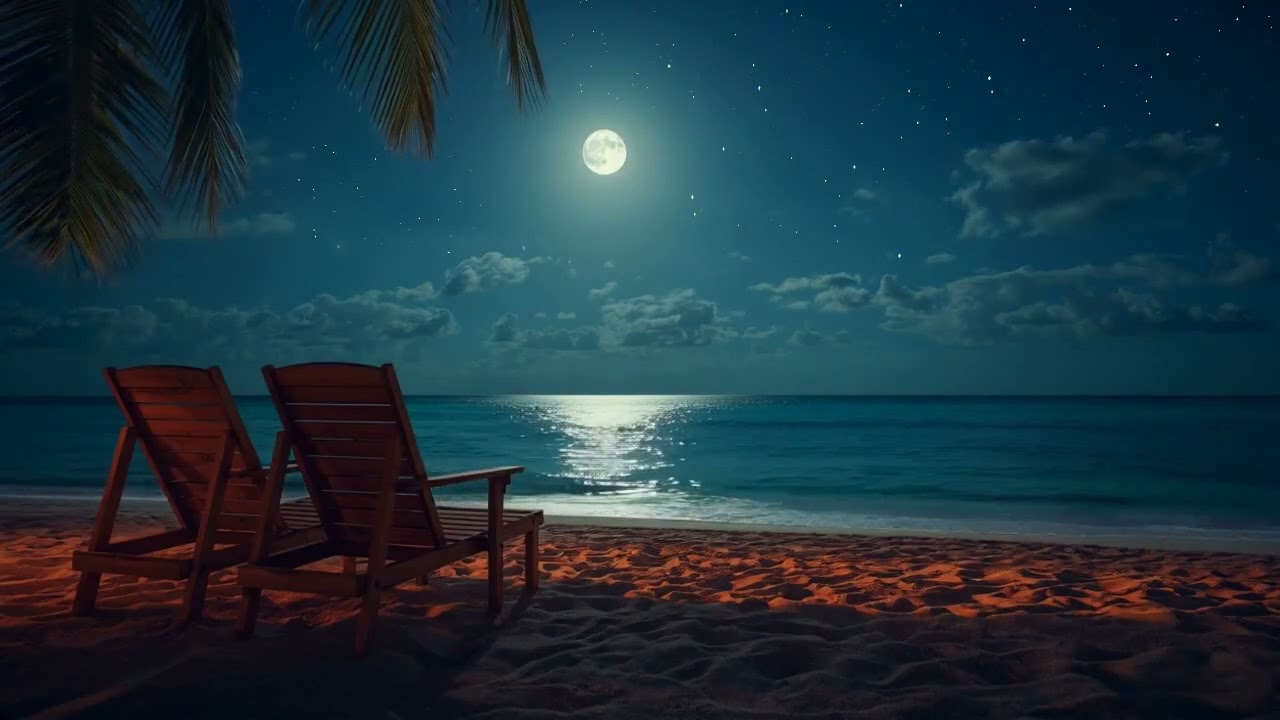 Peaceful Beach Night | Ocean Waves under a Full Moon & Water Sounds for Sleeping & Relaxation