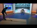 San Jose Sharks forward Kiefer Sherwood shoots pucks at ABC7's Larry Beil