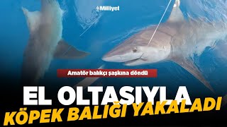 Antalya'da amatör balıkçı el oltasıyla köpek balığı yakaladı!