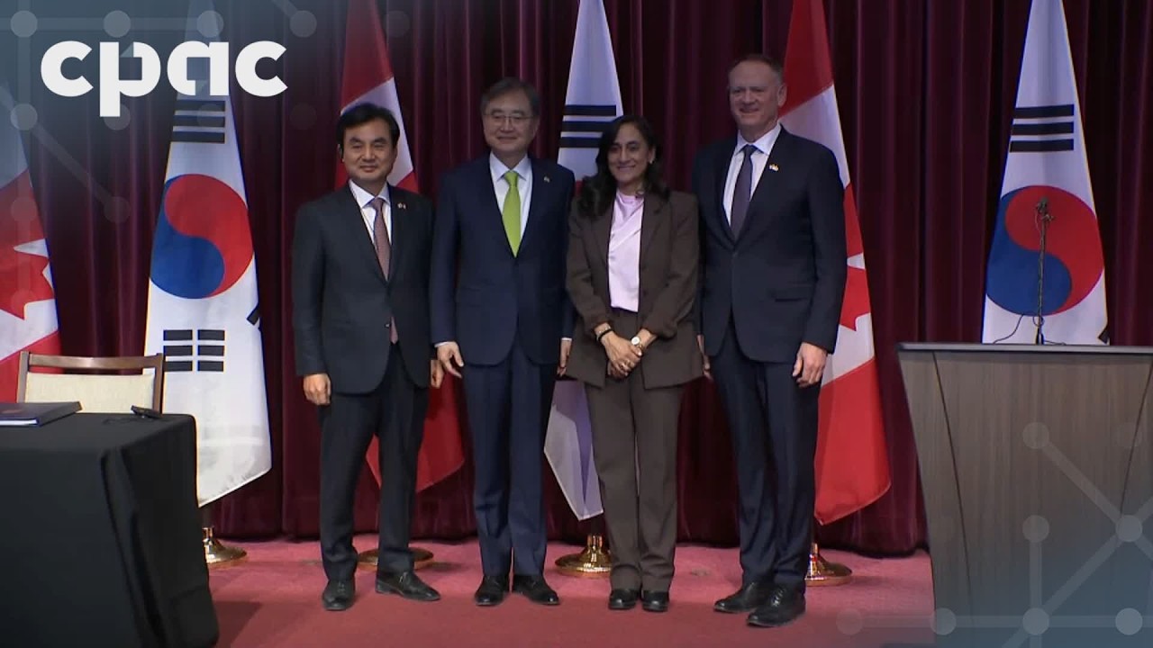 Ministers Anita Anand and David McGuinty speak alongside South Korean counterparts