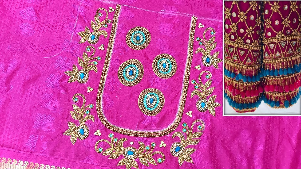 Floral aari work blouse neck design/tablet beads/V2 AARI CREATIONS