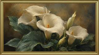 "Calla lilies with raindrops" – oil painting in a gold frame | art tv background with music | 5 h screenshot 1