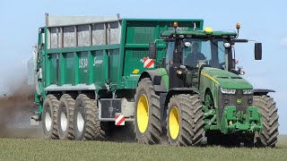 John Deere 8370R in the field Spreading muck w/ New Samson US340 3-axle muck Spreader | DK Agri