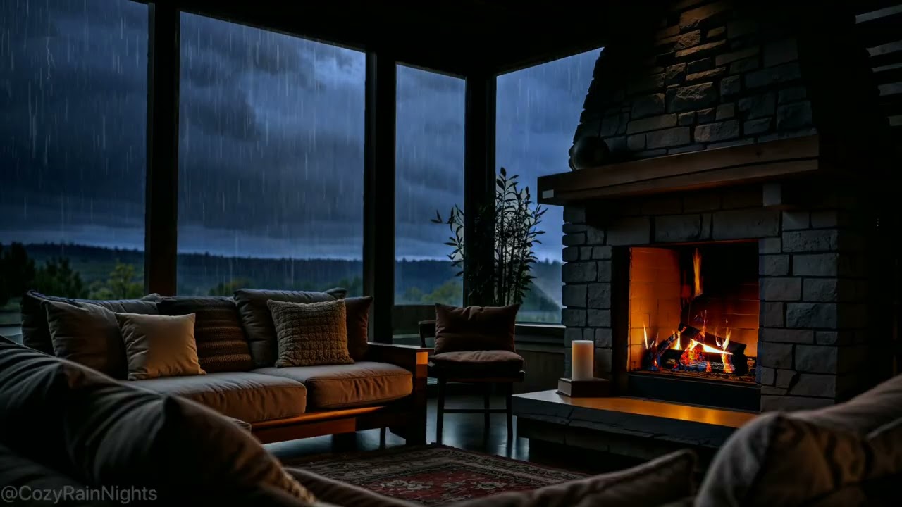 Soothing Rain and Fire 🌩️🔥 Rainy Night Calm with Crackling Fireplace ASMR Serenity for Deep Sleep