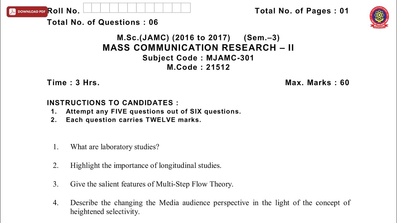 MSC 3RD SEM JAMC MASS COMMUNICATION RESEARCH 2ND NOV 2019 | PTU - YouTube
