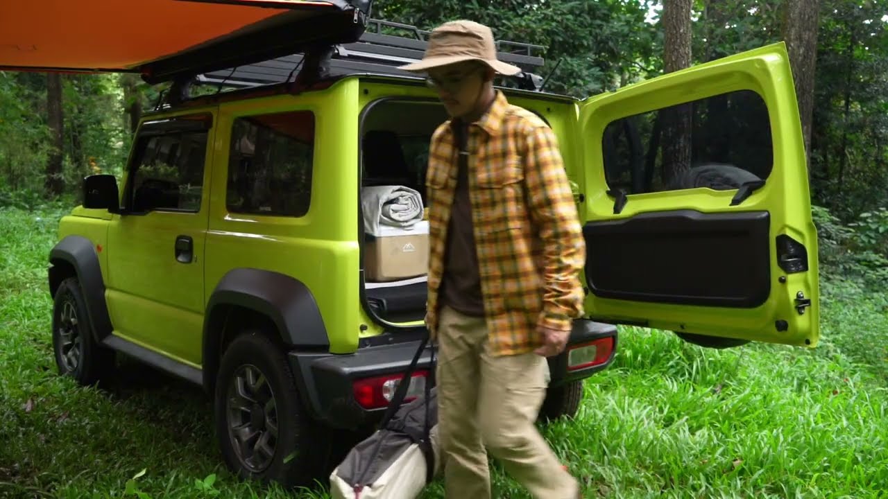 ASMR Jimny 3door Kinetic Yellow Campervan Solo Camping Pinus Bogor, Indonesia With Hallodo Adventure