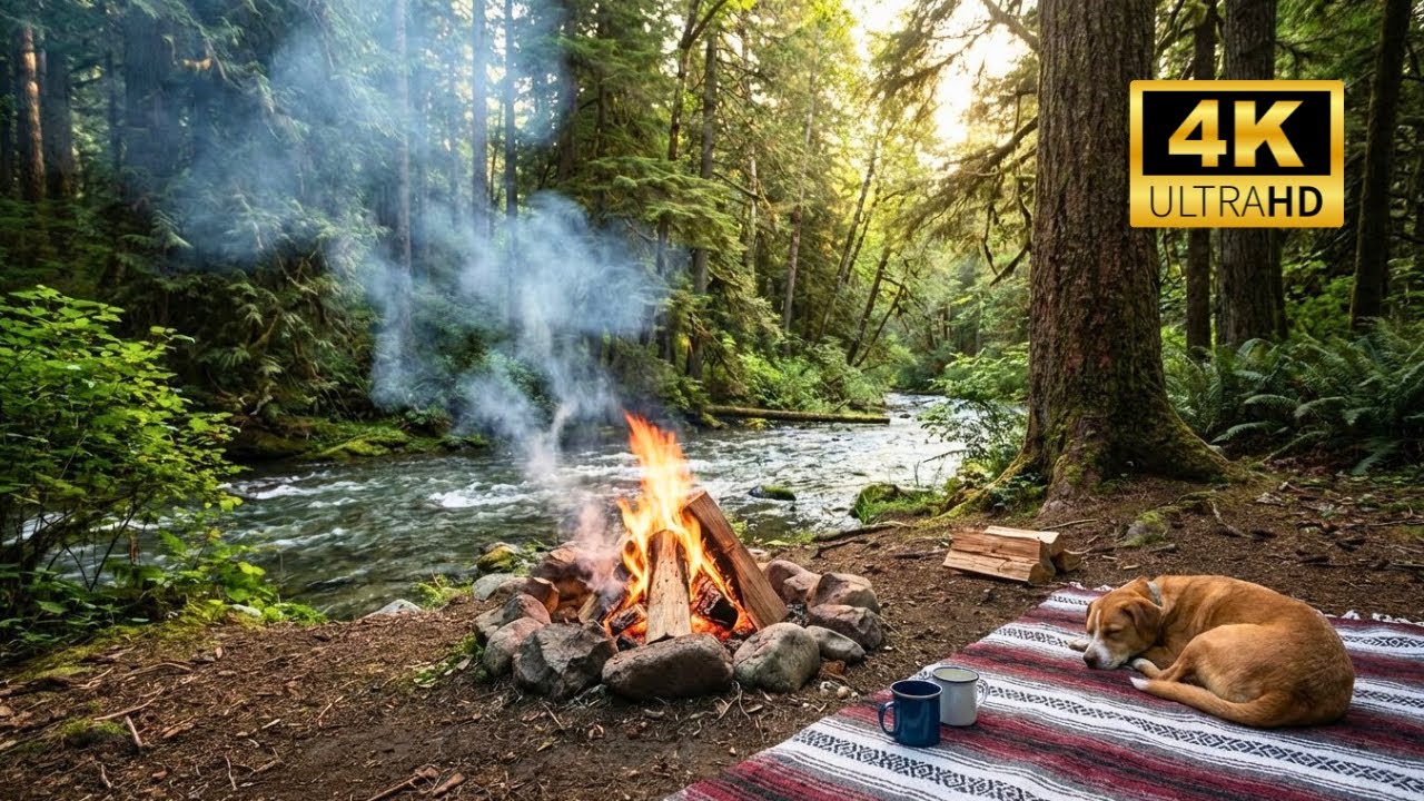 Camping by the River at Sunset | Crackling Campfire & River Sounds for Sleep, Relax, Study | 4K