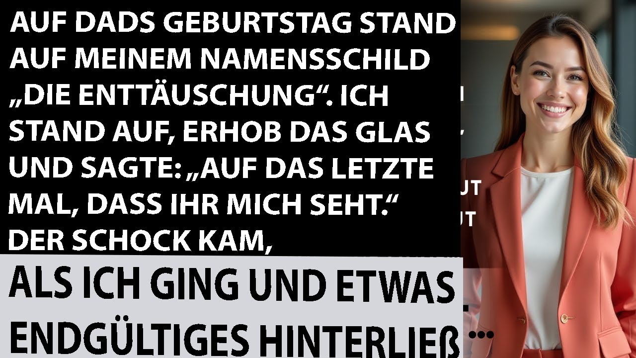 Ich stand auf der Geburtstagsfeier meines Vaters, als meine Stiefmutter mir ein Namensschild reichte, auf dem in ihrer verschnörkelten Handschrift stand: „Die Enttäuschung“. Zwölf Jahre lang...